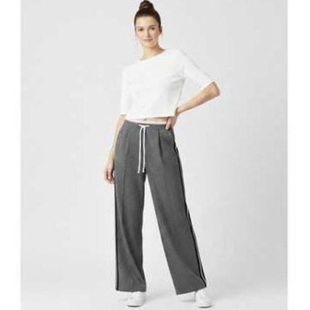 Zara Womens Side Stripe Double Waistband‎ Wide Leg Pants Heather Grey Sz Lg
